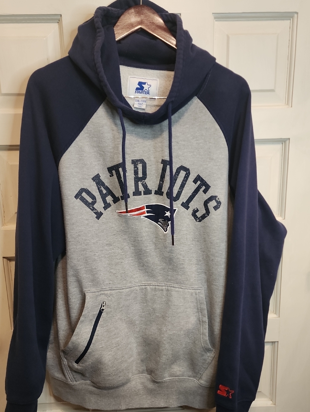 STARTER Brand Gray Navy New England Patriots Hoodie - Men's Pullover Pouch + Zip